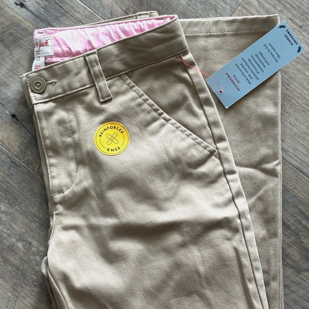 Cat & Jack Girls 12 Khaki Uniform Pants Stretch Adjust Waist Reinforced Knee #20